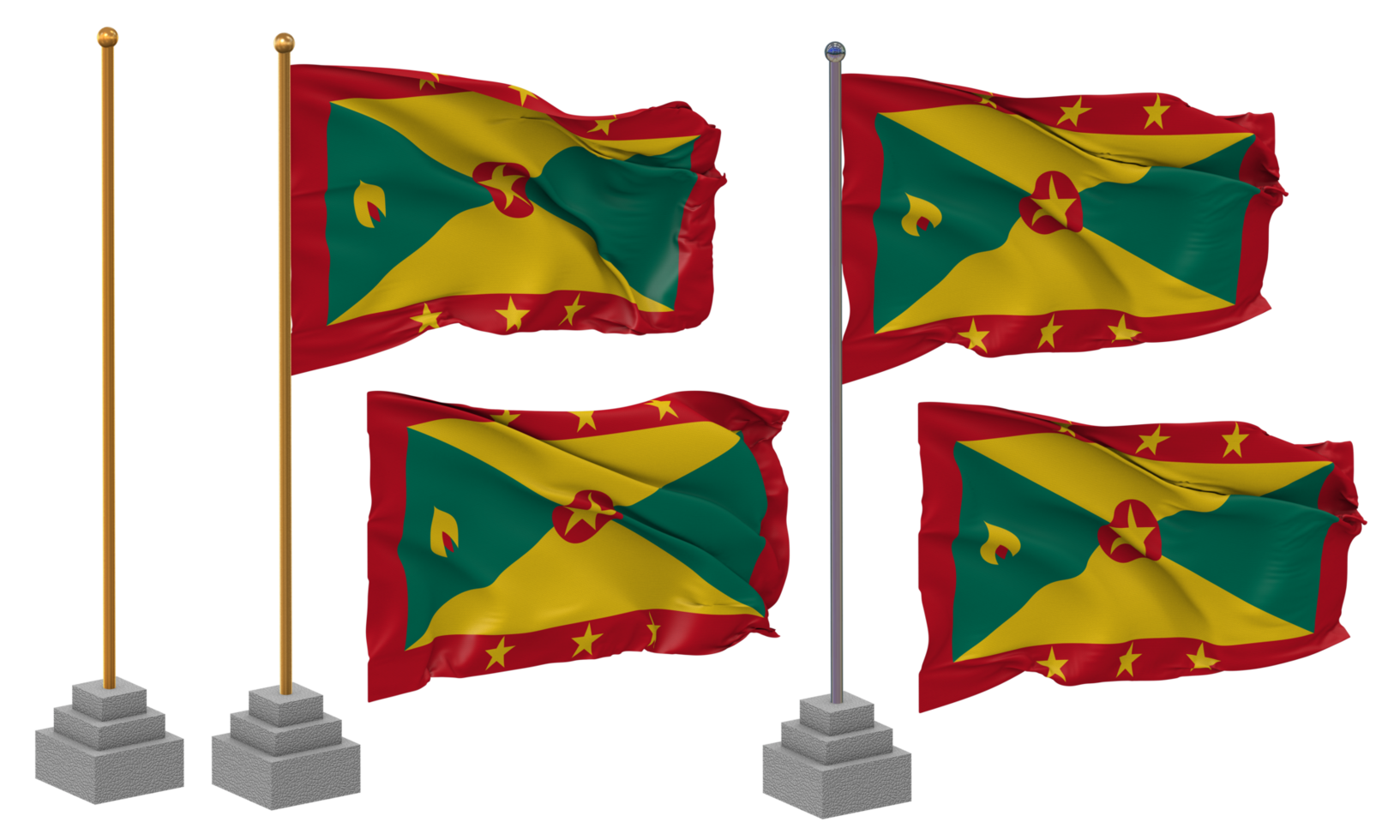 Grenada Flag Waving Different Style With Stand Pole Isolated, 3D Rendering png