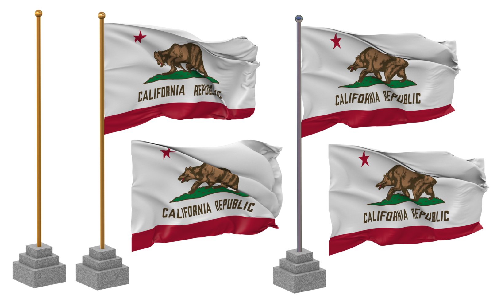 State of California Flag Waving, Stand, Pole, Isolated, 3d illustration, 3d rendering, Flag, Golden, png