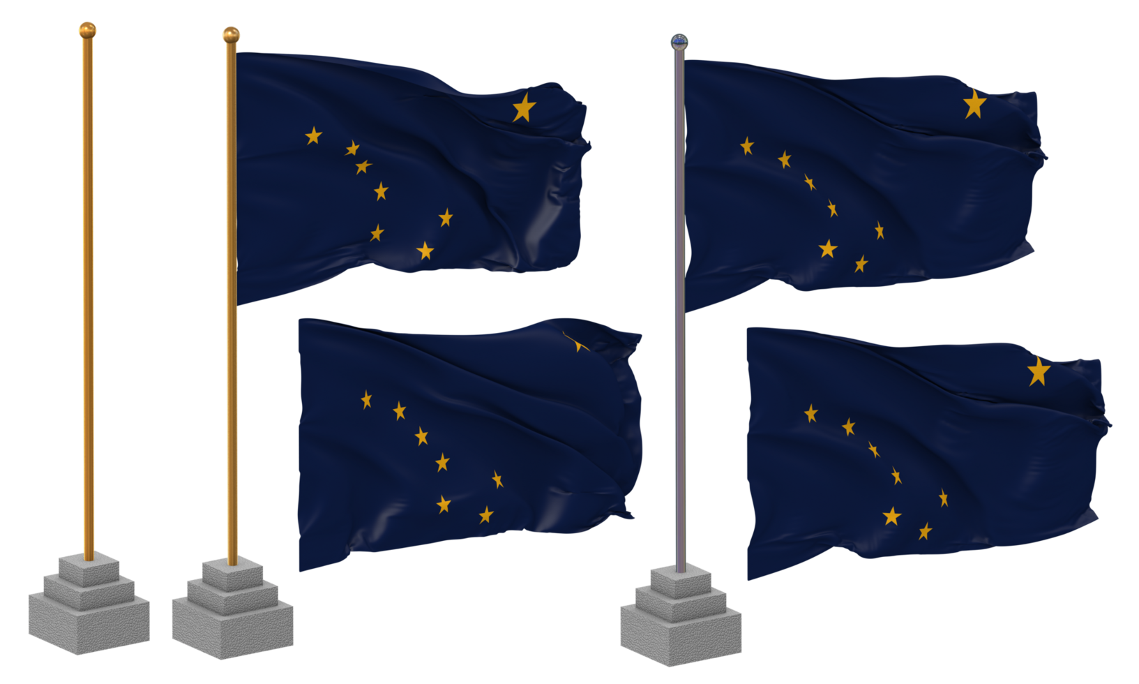 State of Alaska Flag Waving, Stand, Pole, Isolated, 3d illustration, 3d rendering, Flag, Golden, png