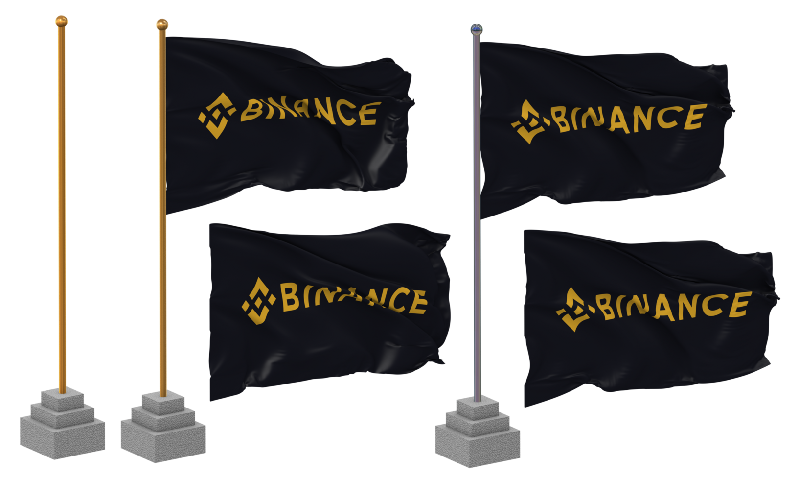 Binance Flag Waving Different Style With Stand Pole Isolated, 3D Rendering png