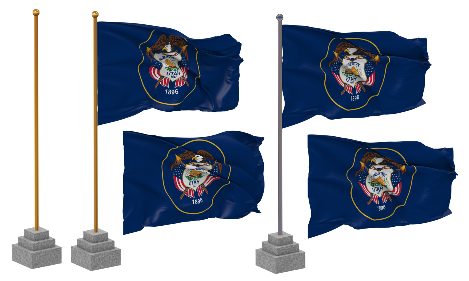 State of Utah Flag Waving Different Style With Stand Pole Isolated, 3D Rendering png