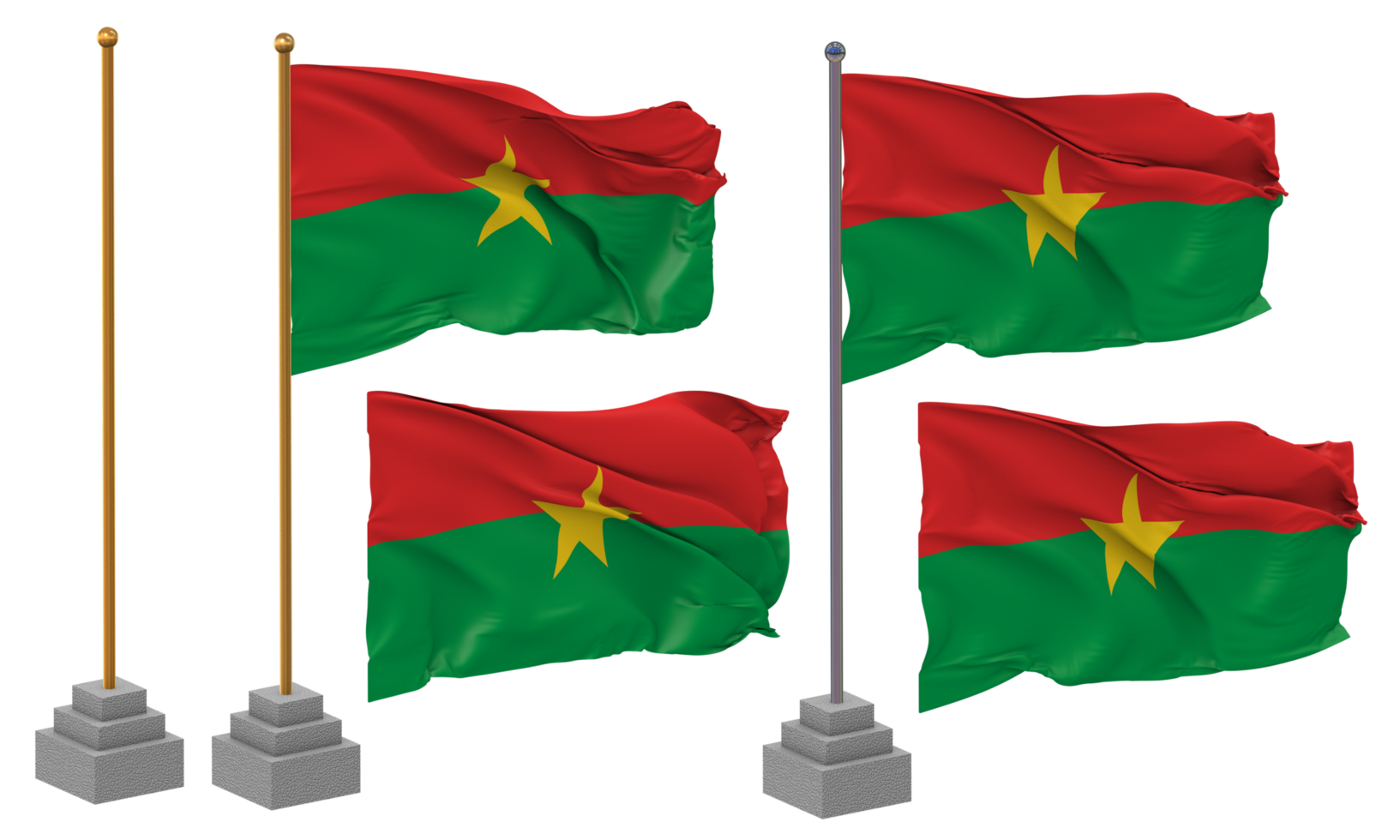 Burkina Faso Flag Waving Different Style With Stand Pole Isolated, 3D Rendering png