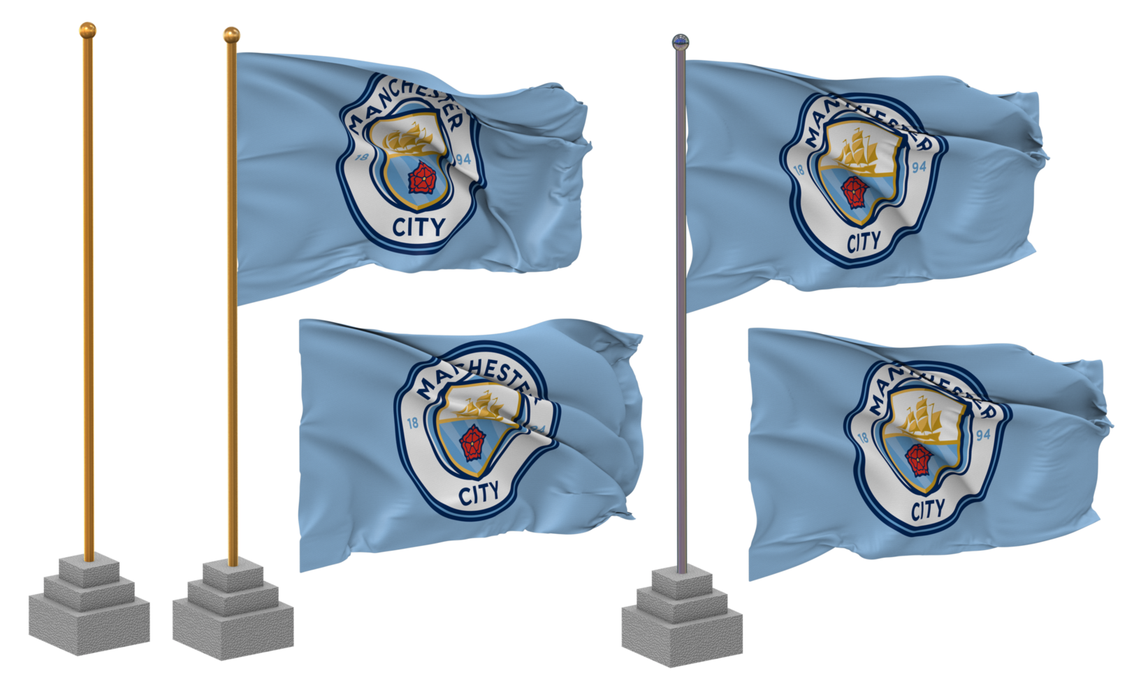 Manchester City Football Club Flag Waving Different Style With Stand Pole Isolated, 3D Rendering png