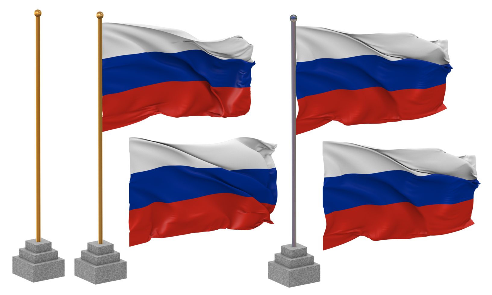 Russia Flag Waving Different Style With Stand Pole Isolated, 3D Rendering png