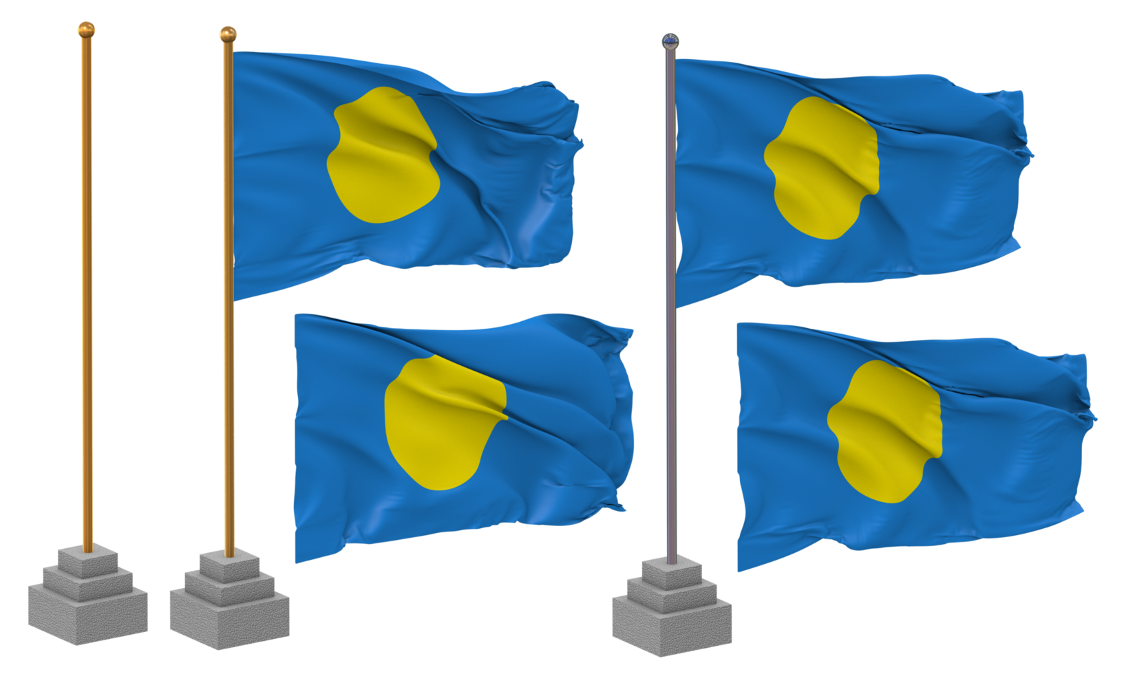 Palau Flag Waving Different Style With Stand Pole Isolated, 3D Rendering png