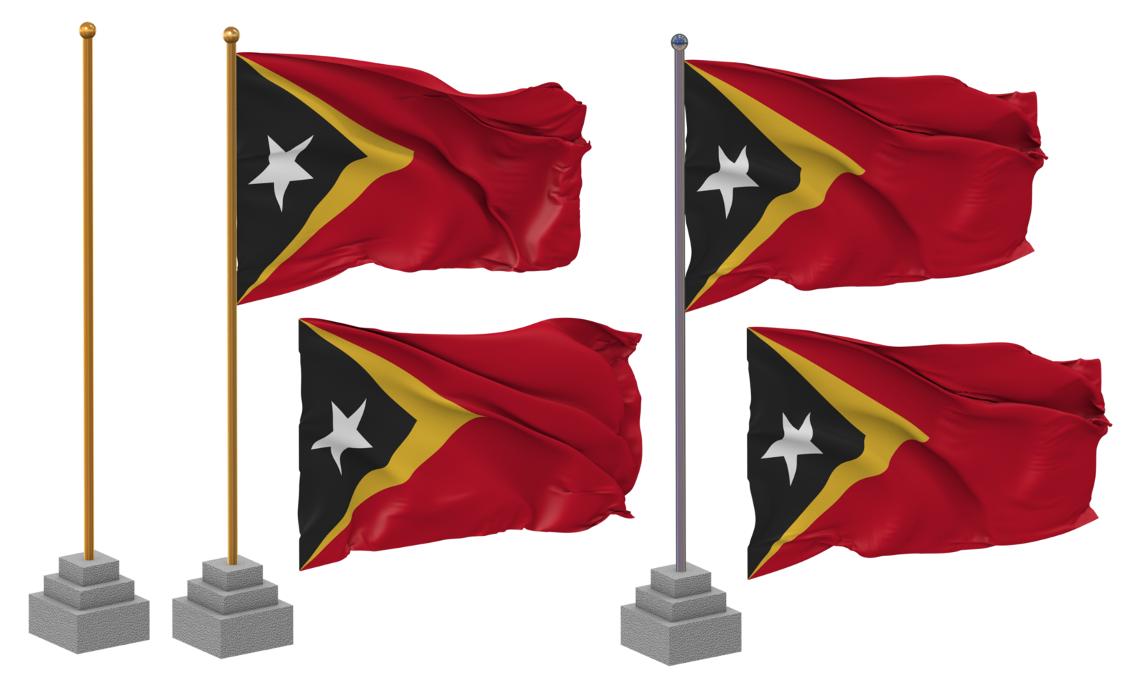 oosten- Timor vlag golvend verschillend stijl met staan pool geïsoleerd, 3d renderen png