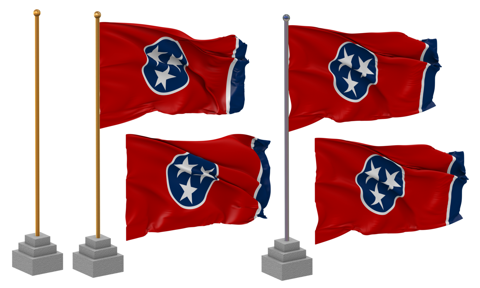State of Tennessee Flag Waving Different Style With Stand Pole Isolated, 3D Rendering png