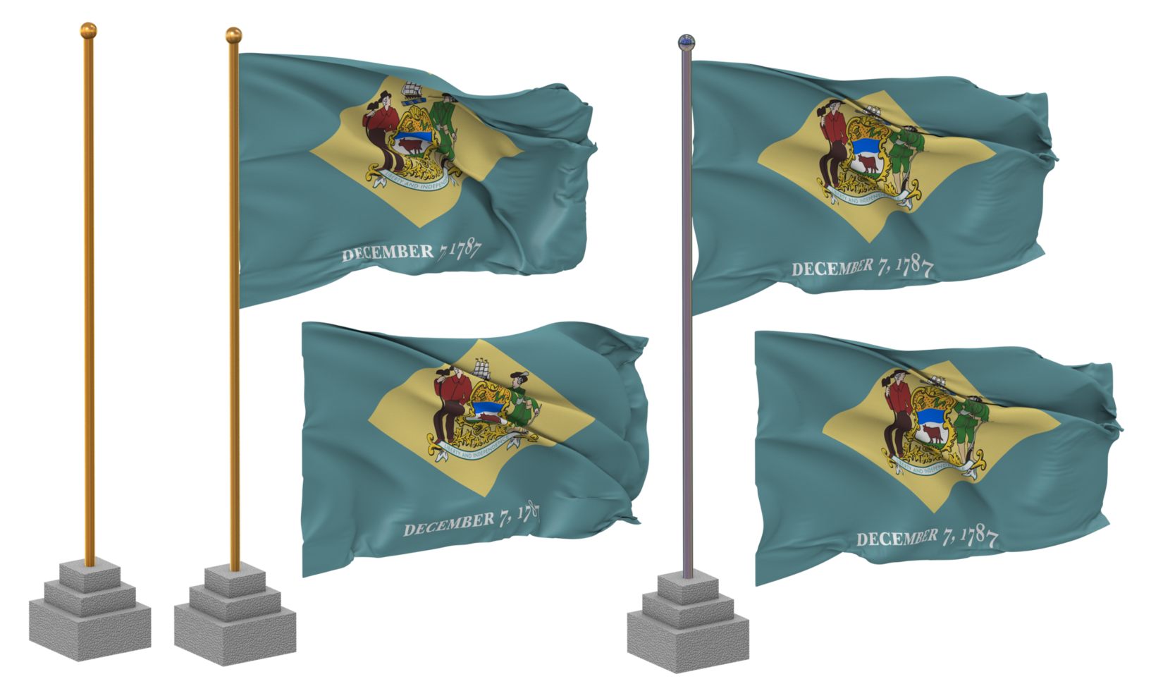 State of Delaware Flag Waving, Stand, Pole, Isolated, 3d illustration, 3d rendering, Flag, Golden, png