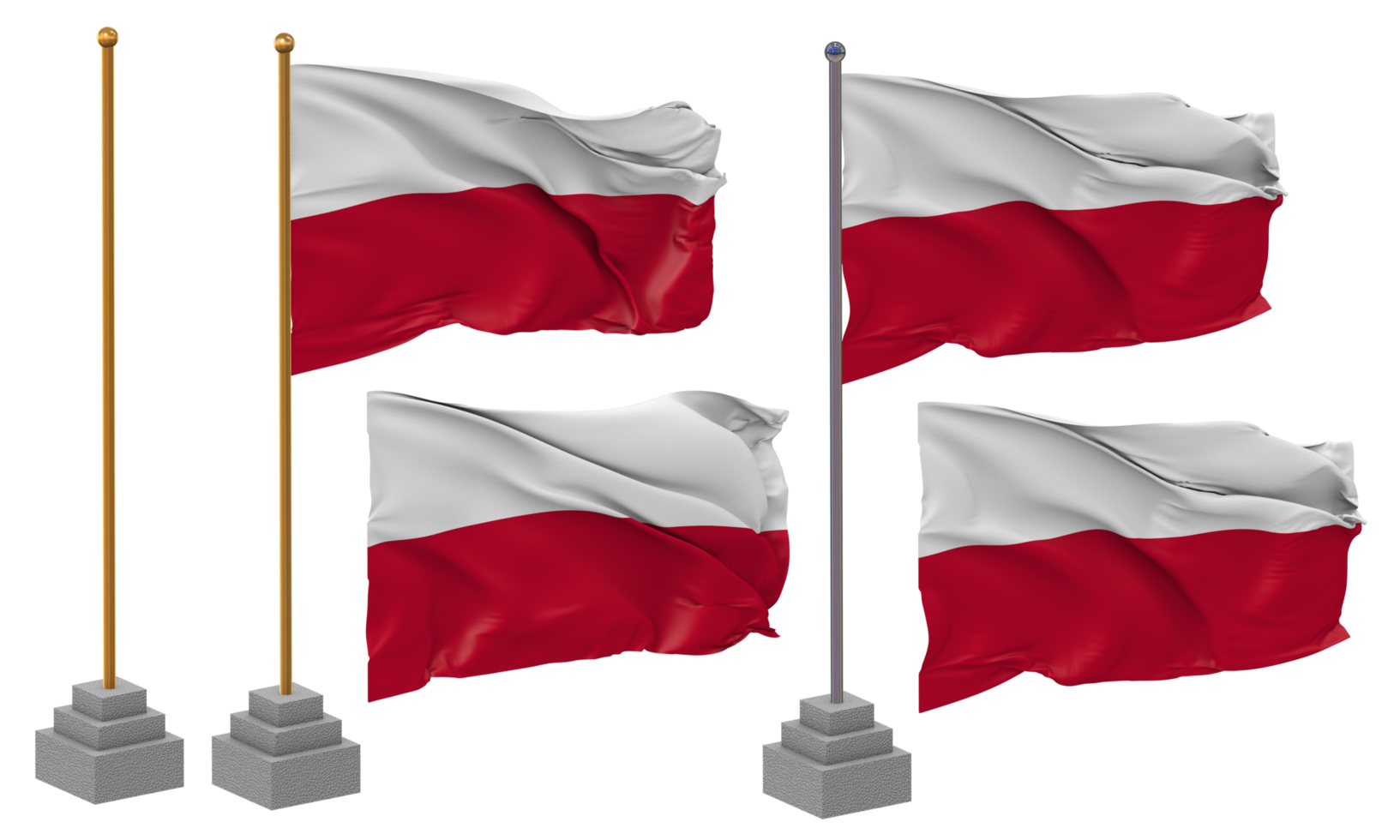 Poland Flag Waving Different Style With Stand Pole Isolated, 3D Rendering png