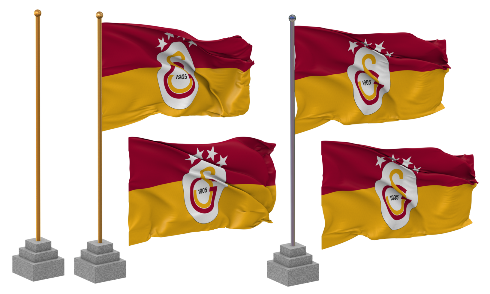 Galatasaray Spor Kulubu, Galatasaray SK Football Club Flag Waving Different Style With Stand Pole Isolated, 3D Rendering png