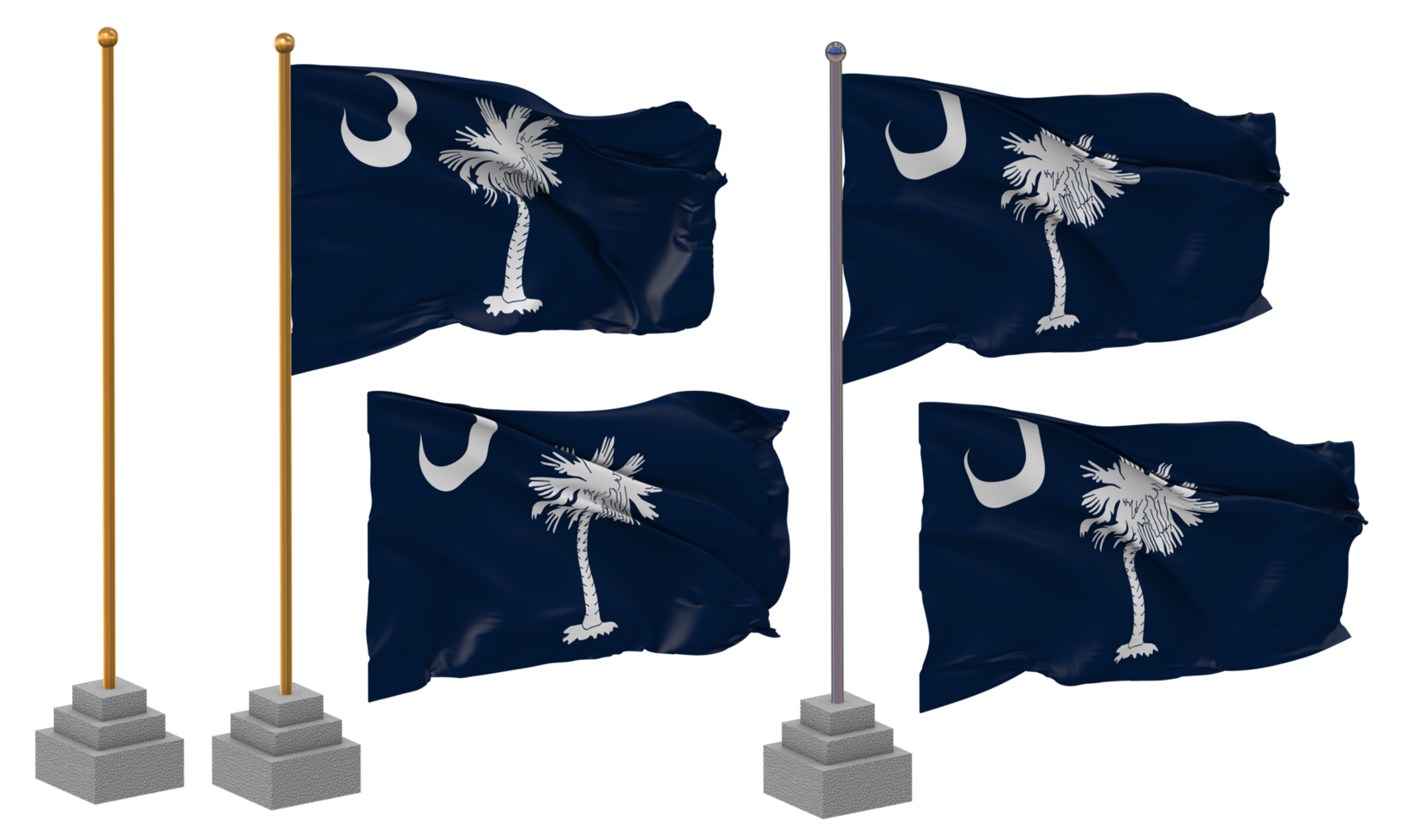 State of South Carolina Flag Waving Different Style With Stand Pole Isolated, 3D Rendering png