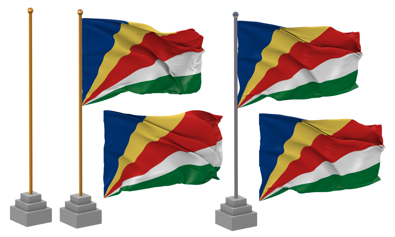 Seychelles Flag Waving, Stand, Pole, Isolated, 3d illustration, 3d rendering, Flag, Golden, png