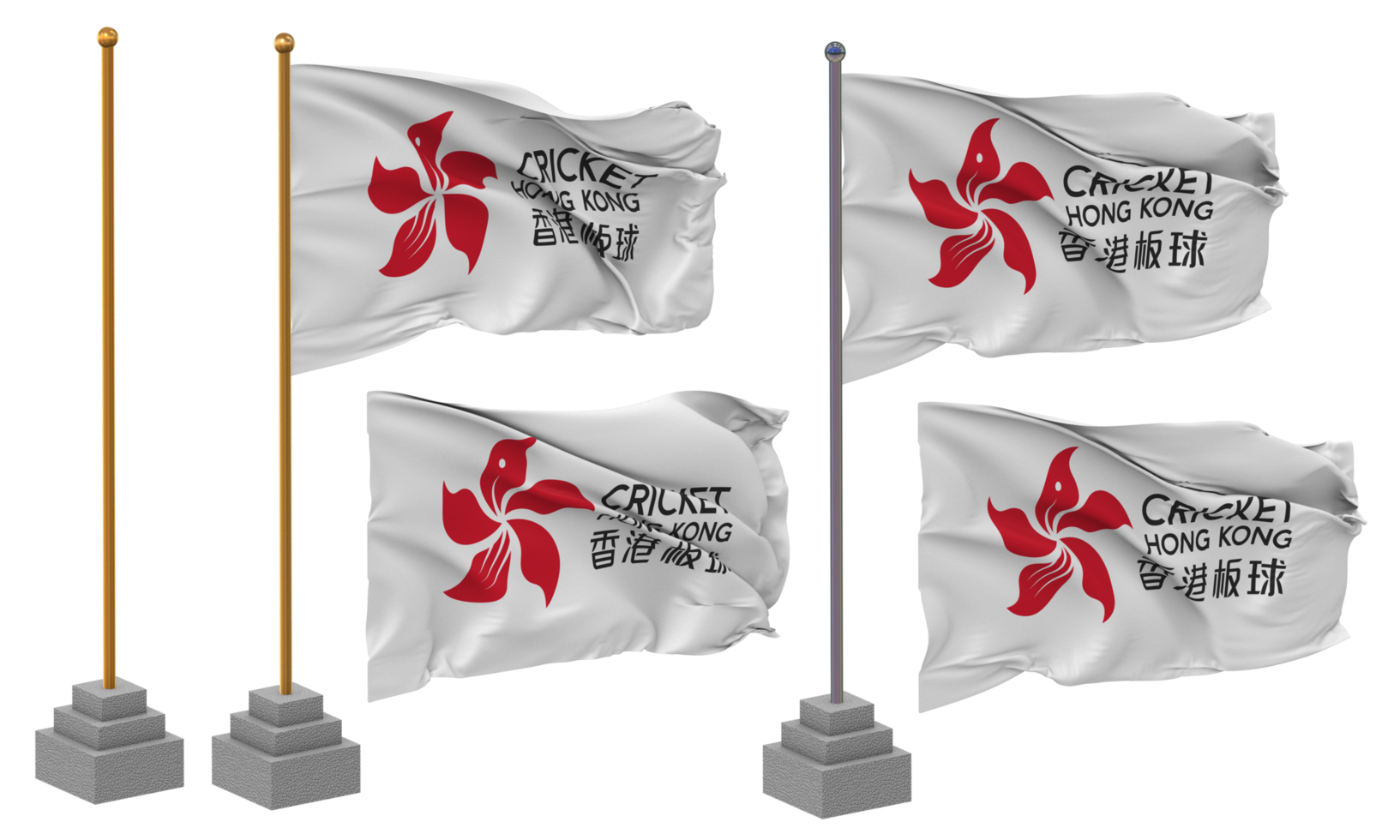 Cricket Hong Kong Flag Waving Different Style With Stand Pole Isolated, 3D Rendering png