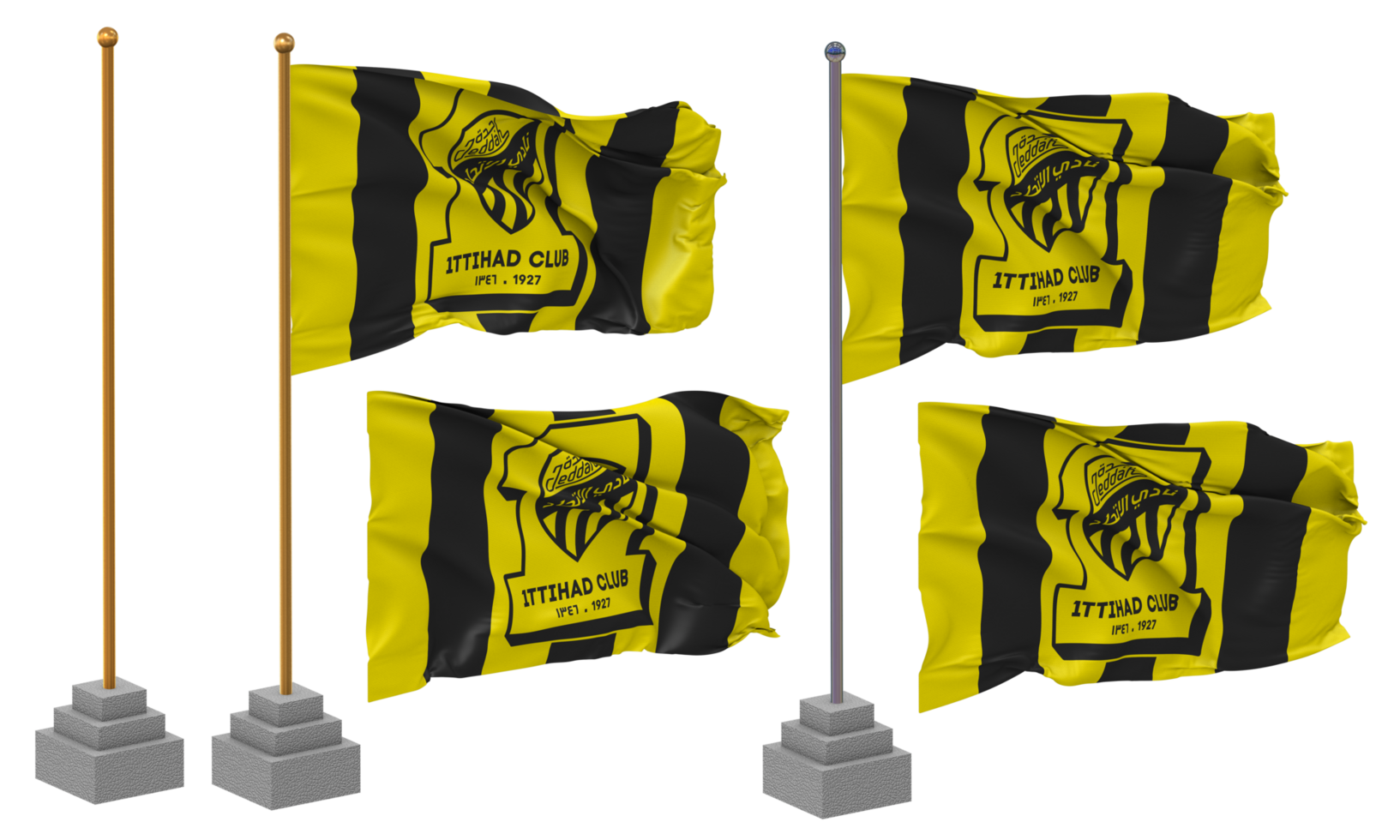 Al Ittihad Saudi Arabian Club Flag Waving Different Style With Stand Pole Isolated, 3D Rendering png