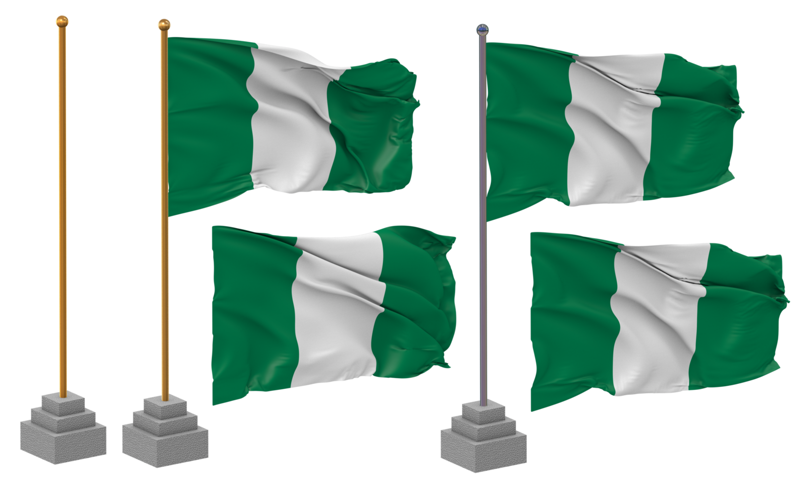 Nigeria Flag Waving Different Style With Stand Pole Isolated, 3D Rendering png
