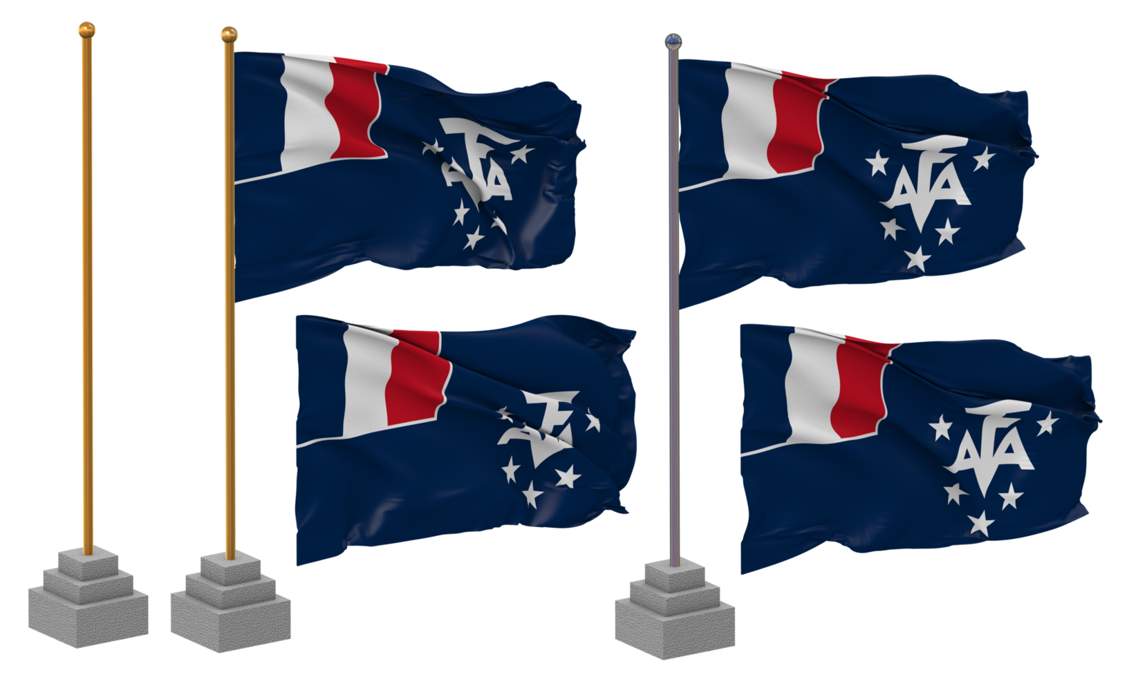 French Southern and Antarctic Lands, TAAF Flag Waving Different Style With Stand Pole Isolated, 3D Rendering png