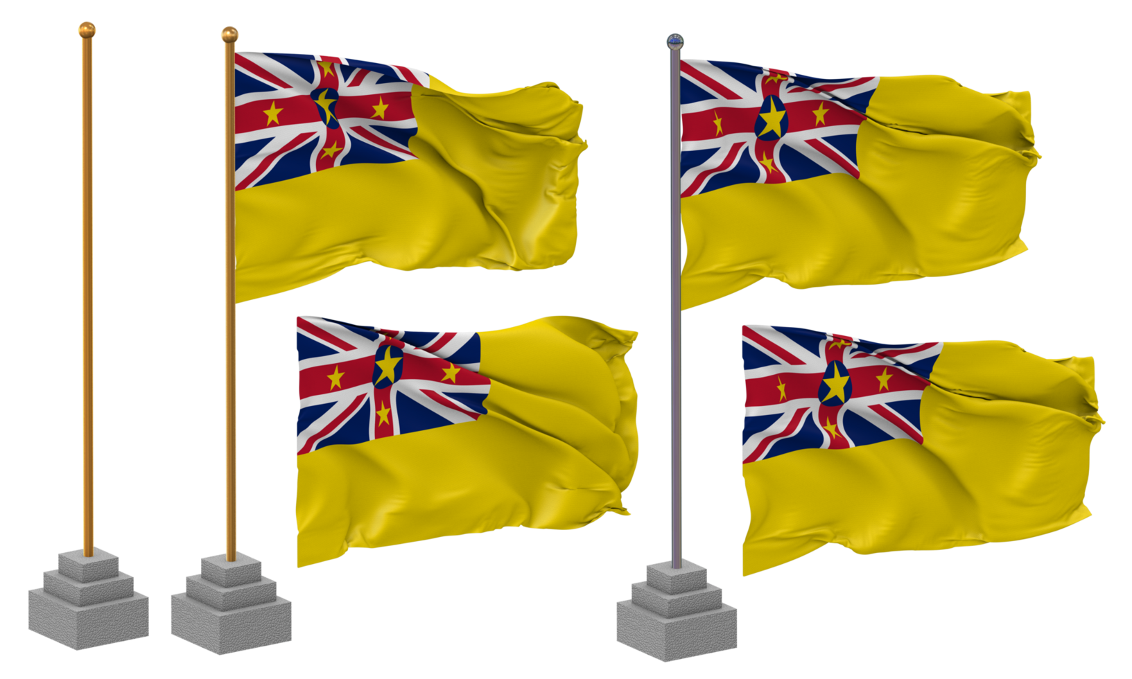 Niue Islands Flag Waving Different Style With Stand Pole Isolated, 3D Rendering png