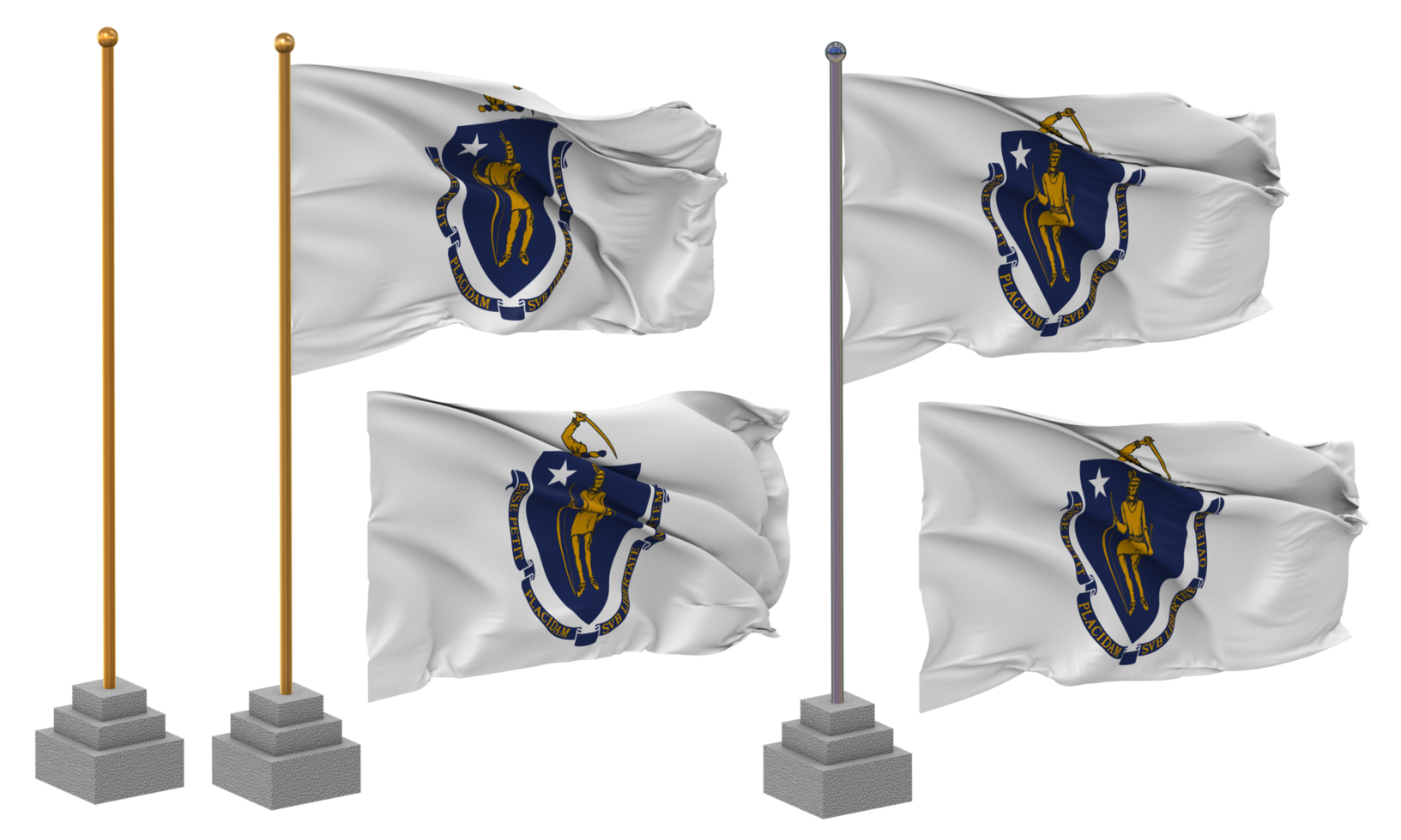 State of Massachusetts Flag Waving Different Style With Stand Pole Isolated, 3D Rendering png