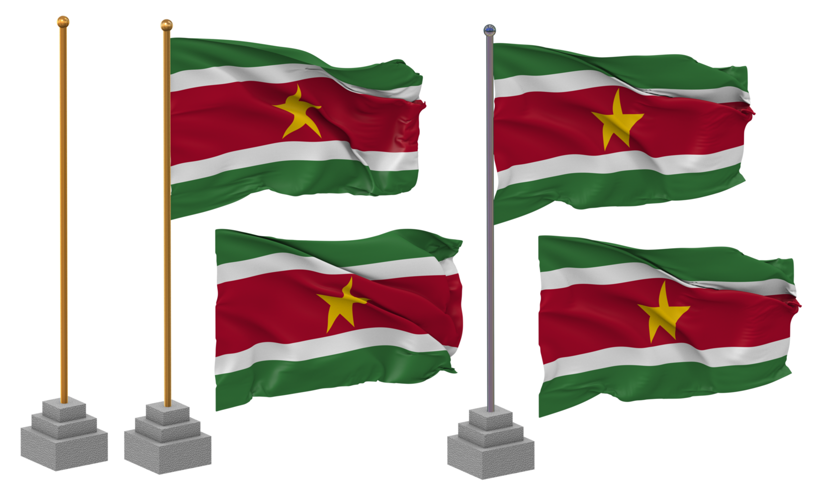 Suriname Flag Waving, Stand, Pole, Isolated, 3d illustration, 3d rendering, Flag, Golden, png