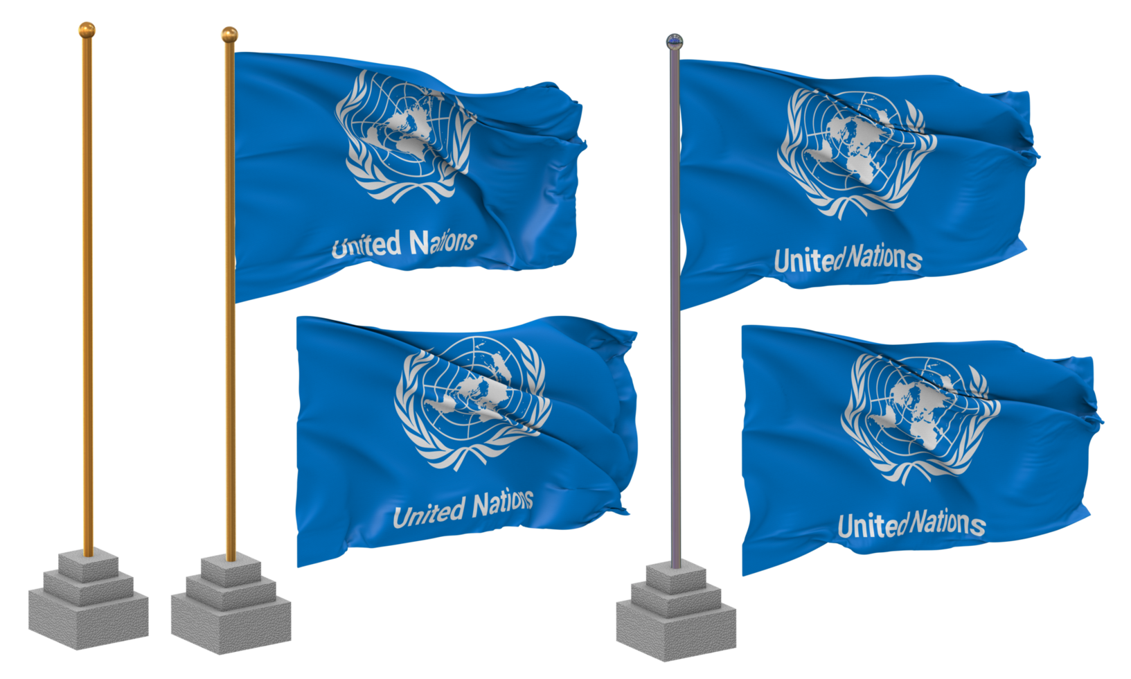 United Nations, UN Flag Waving Different Style With Stand Pole Isolated, 3D Rendering png