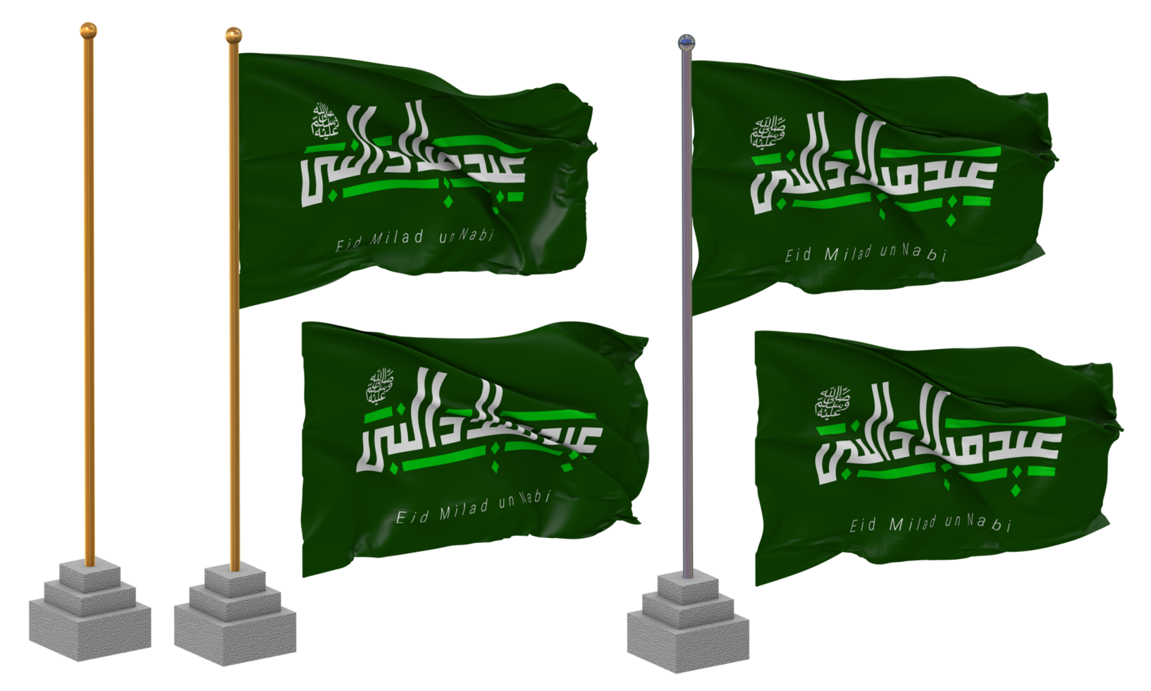 Mawlid an Nabi Ash Sharif, Eid Milad un Nabi PBUH Flag Waving Different Style With Stand Pole Isolated, 3D Rendering png
