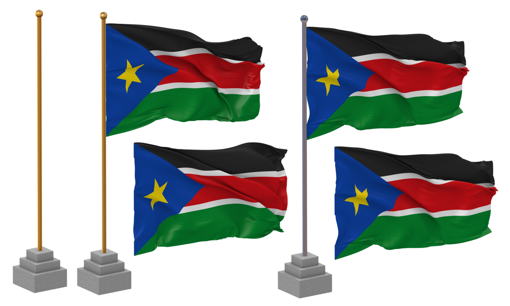 South Sudan Flag Waving, Stand, Pole, Isolated, 3d illustration, 3d rendering, Flag, Golden, png