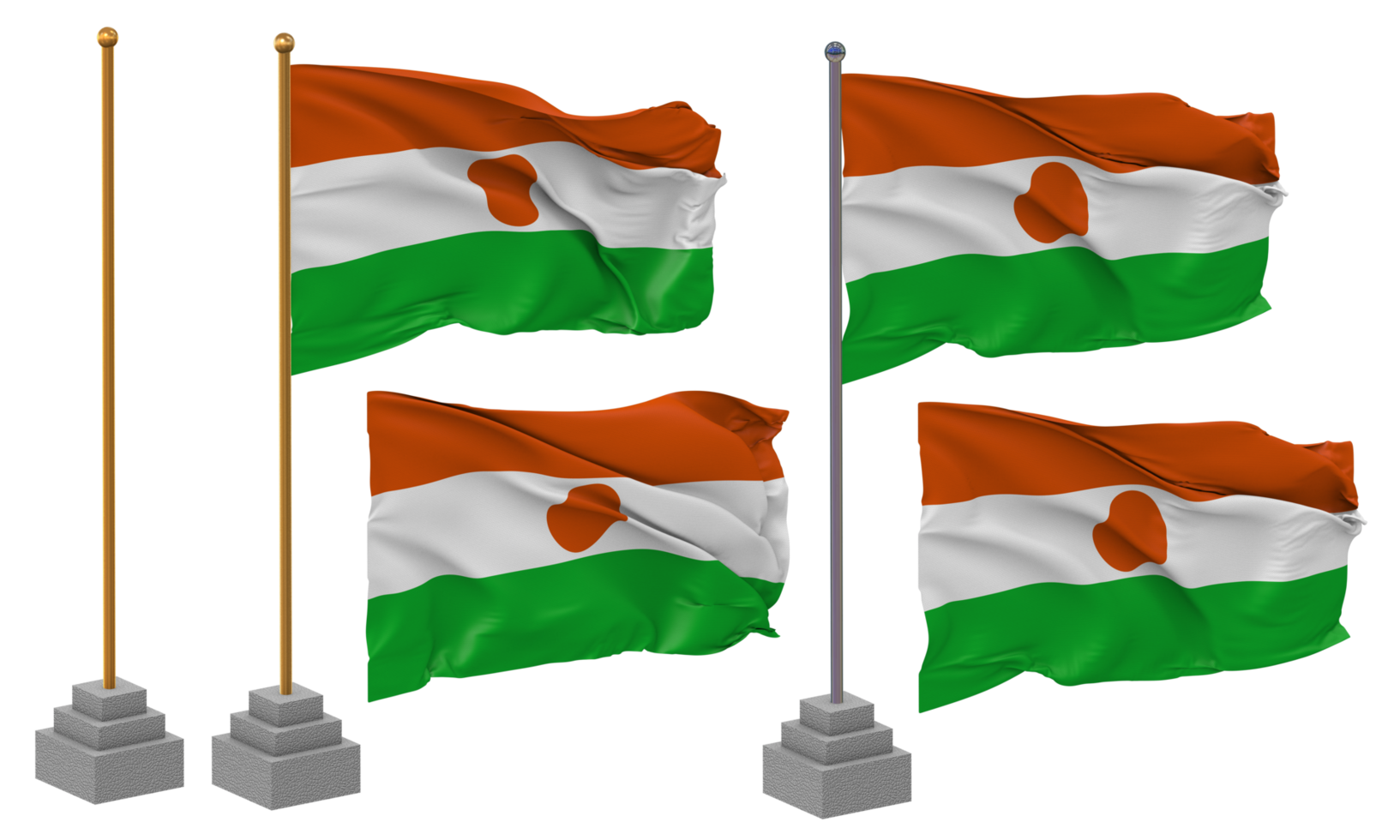 Niger Flag Waving Different Style With Stand Pole Isolated, 3D Rendering png