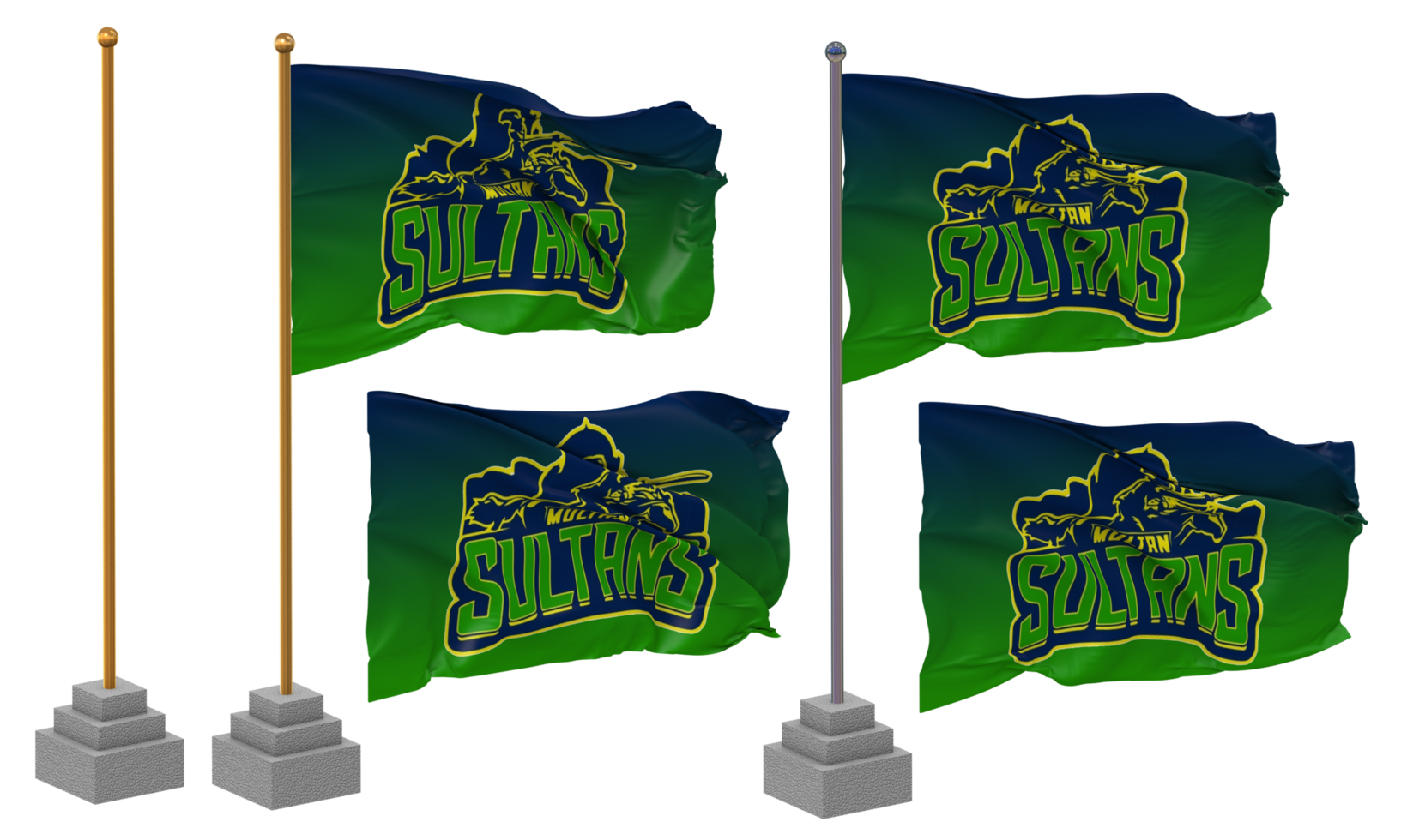 Multan Sultans, MS Flag Waving Different Style With Stand Pole Isolated, 3D Rendering png