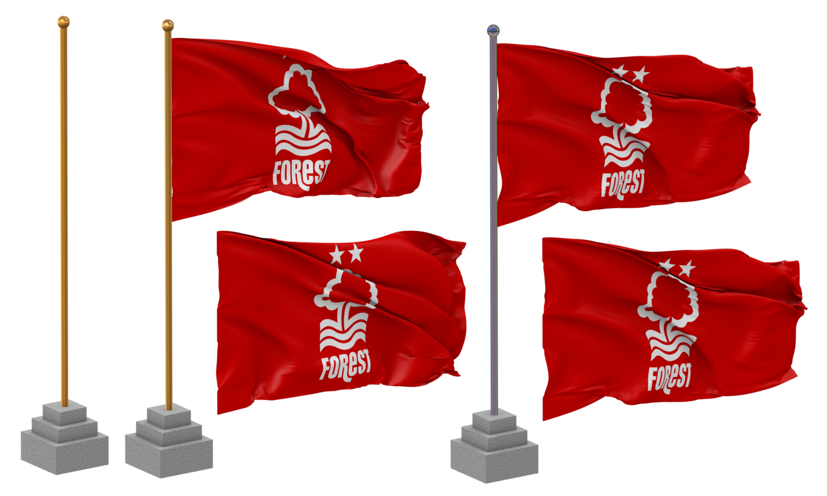 Nottingham Forest Football Club Flag Waving Different Style With Stand Pole Isolated, 3D Rendering png
