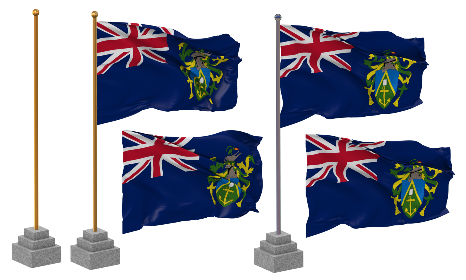 Pitcairn Islands Flag Waving, Stand, Pole, Isolated, 3d illustration, 3d rendering, Flag, Golden, png