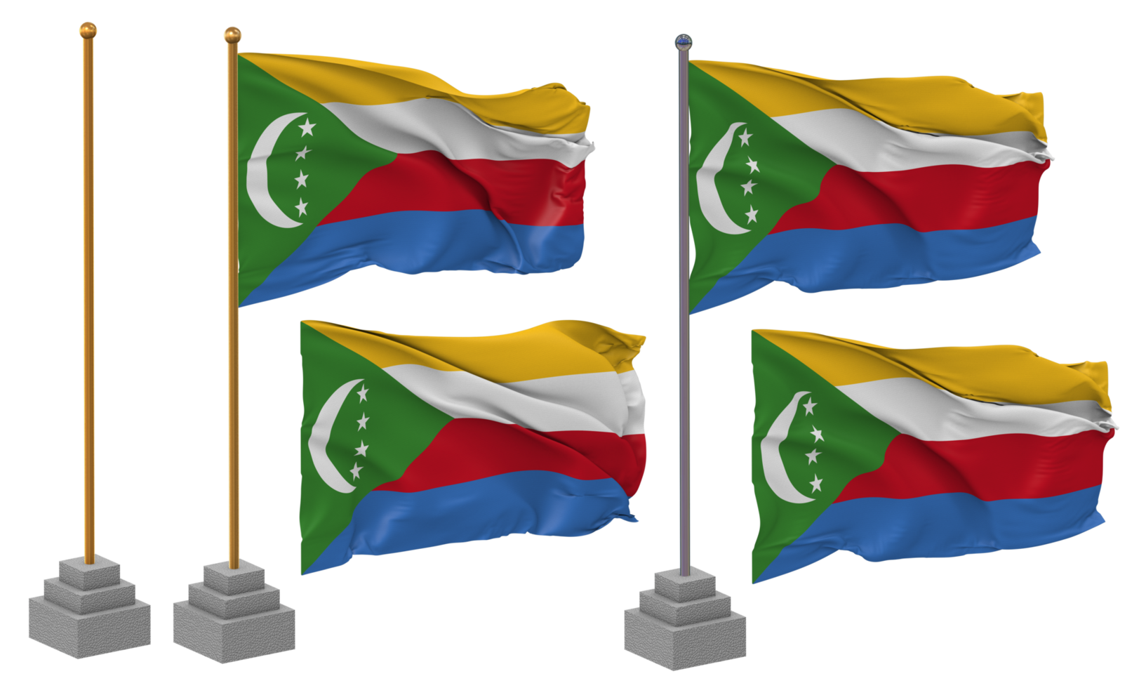 Comoros Flag Waving Different Style With Stand Pole Isolated, 3D Rendering png