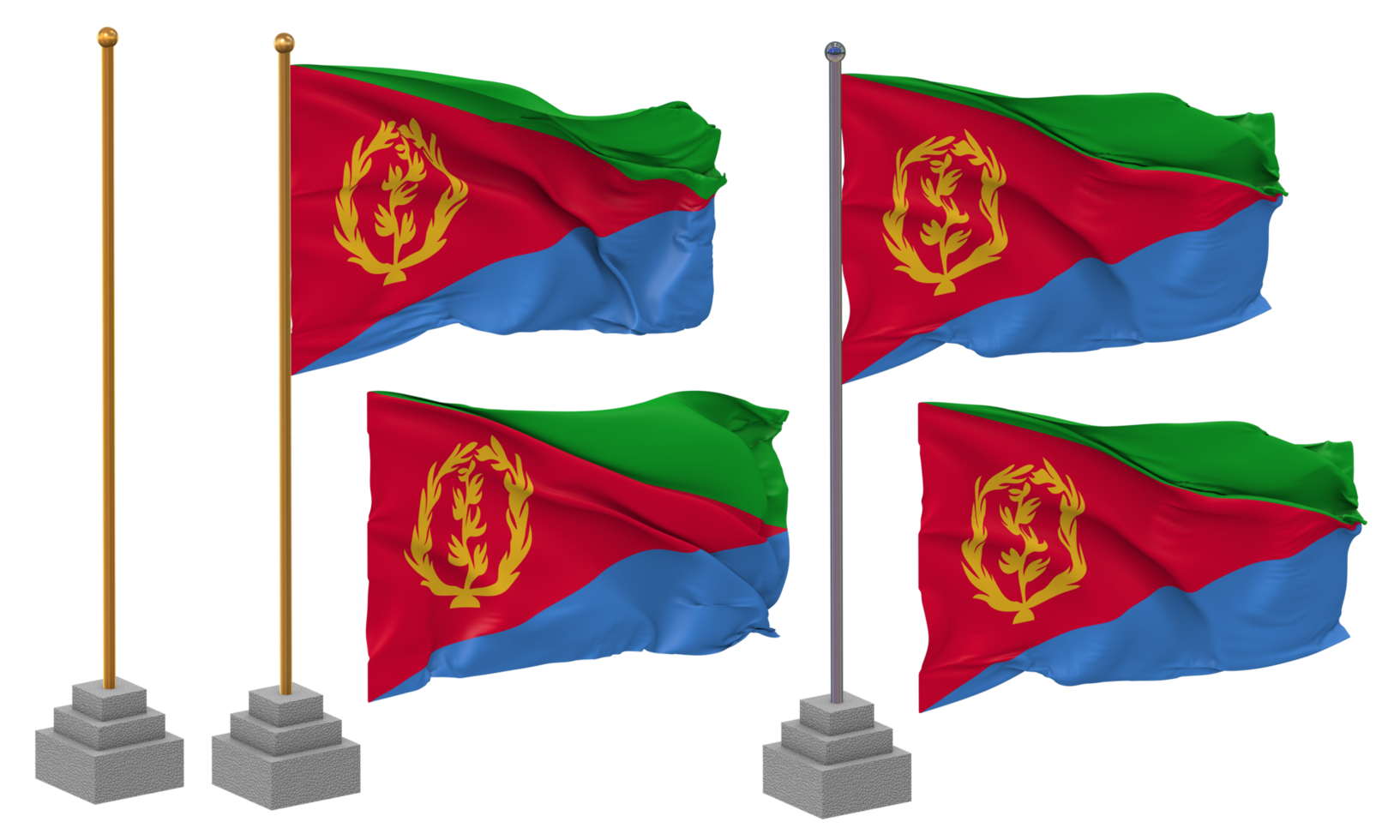 Eritrea Flag Waving Different Style With Stand Pole Isolated, 3D Rendering png