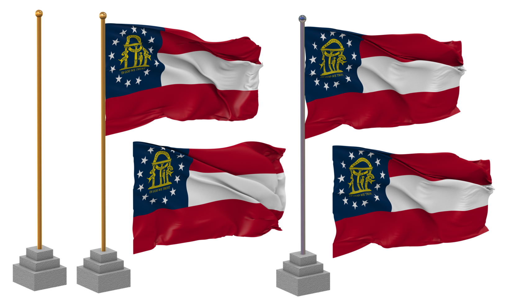 State of Georgia Flag Waving, Stand, Pole, Isolated, 3d illustration, 3d rendering, Flag, Golden, png
