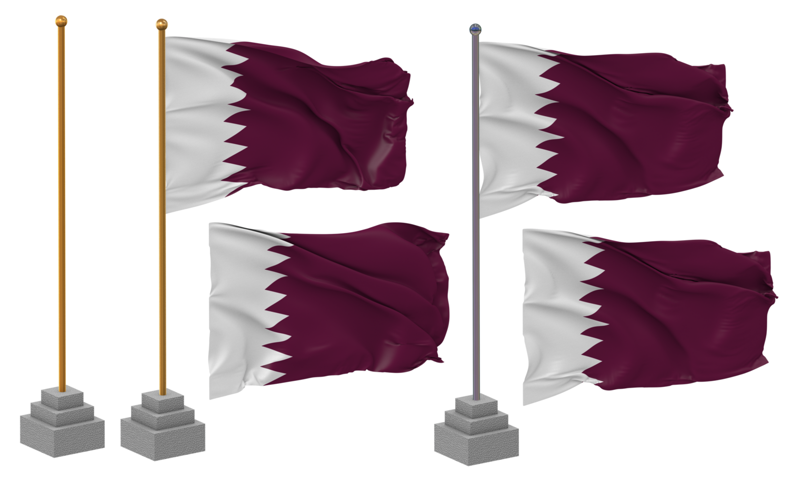 Qatar Flag Waving Different Style With Stand Pole Isolated, 3D Rendering png