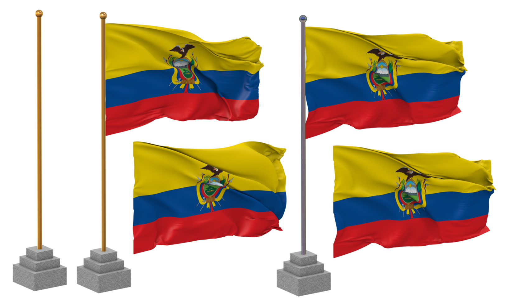 Ecuador Flag Waving Different Style With Stand Pole Isolated, 3D Rendering png