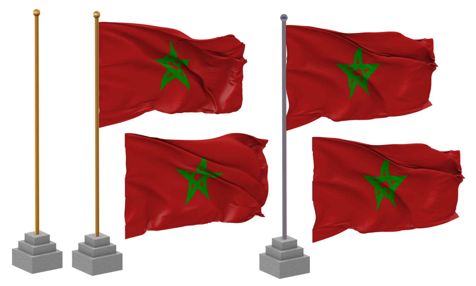 Morocco Flag Waving Different Style With Stand Pole Isolated, 3D Rendering png