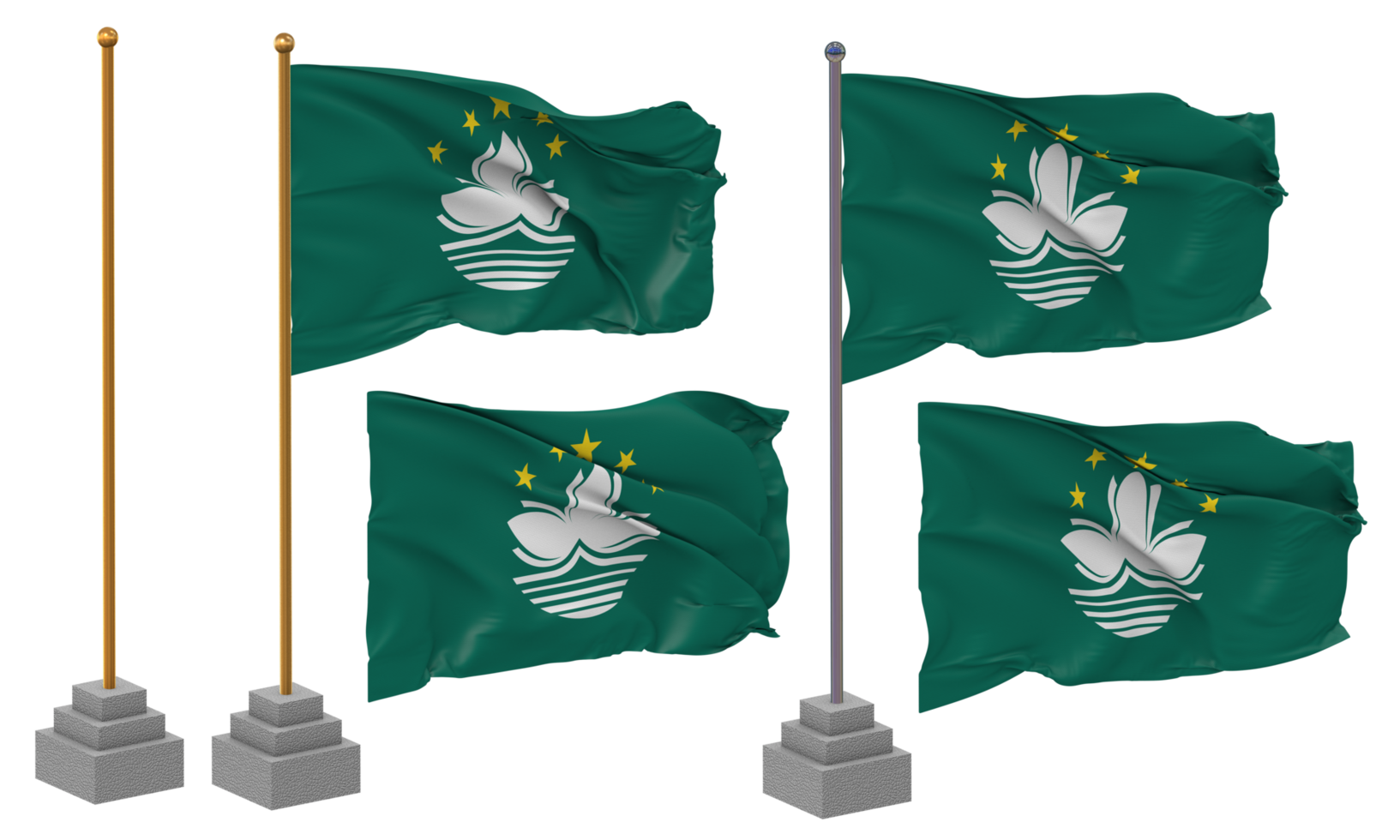 China Macau, Macao Flag Waving Different Style With Stand Pole Isolated, 3D Rendering png