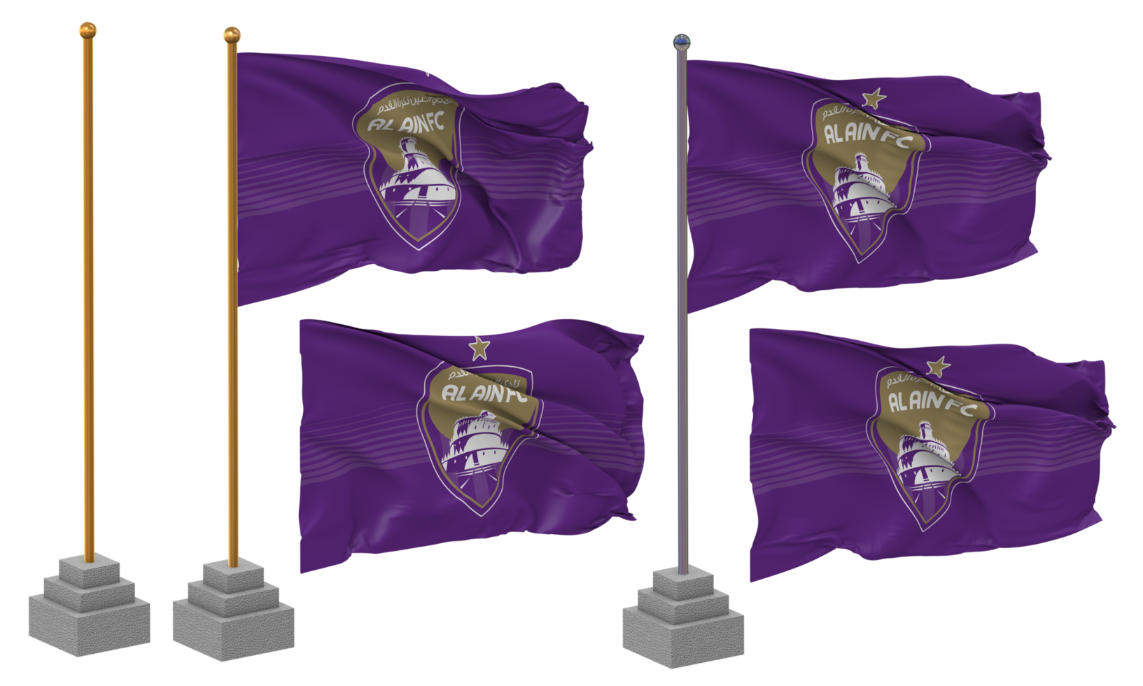 Al Ain Football Club Flag Waving Different Style With Stand Pole Isolated, 3D Rendering png