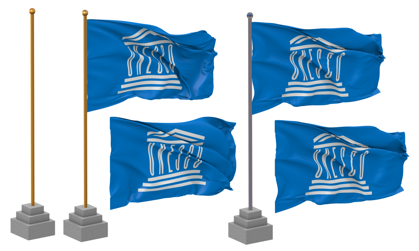 United Nations Educational, Scientific and Cultural Organization, UNESCO Flag Waving Different Style With Stand Pole Isolated, 3D Rendering png