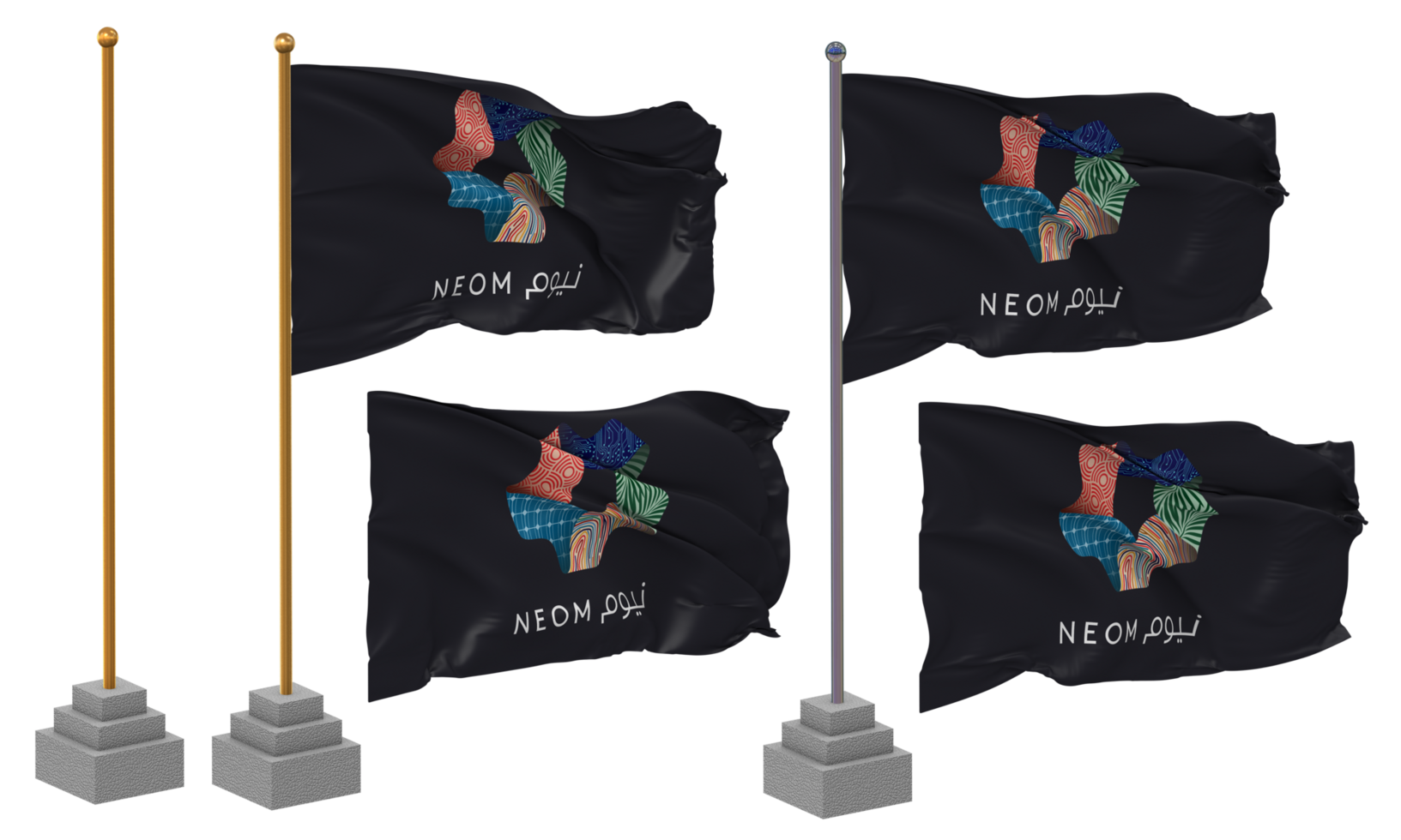 Neom Flag Waving Different Style With Stand Pole Isolated, 3D Rendering png