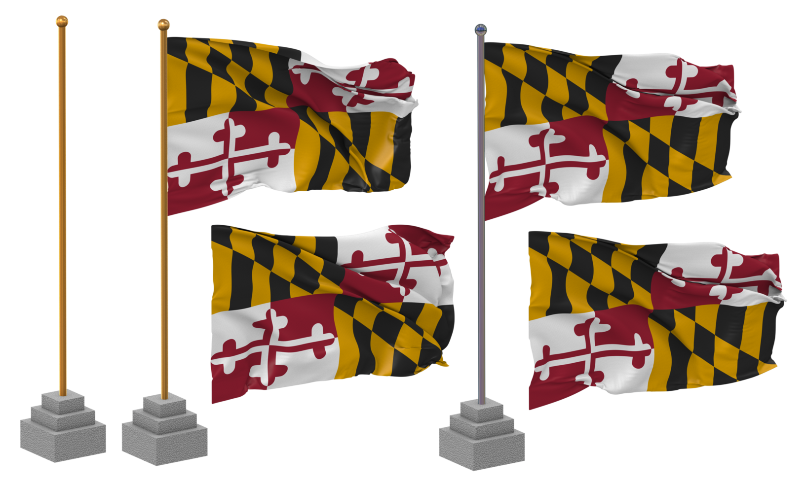 State of Maryland Flag Waving Different Style With Stand Pole Isolated, 3D Rendering png