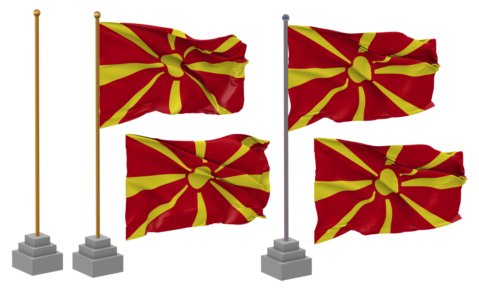 North Macedonia Flag Waving Different Style With Stand Pole Isolated, 3D Rendering png