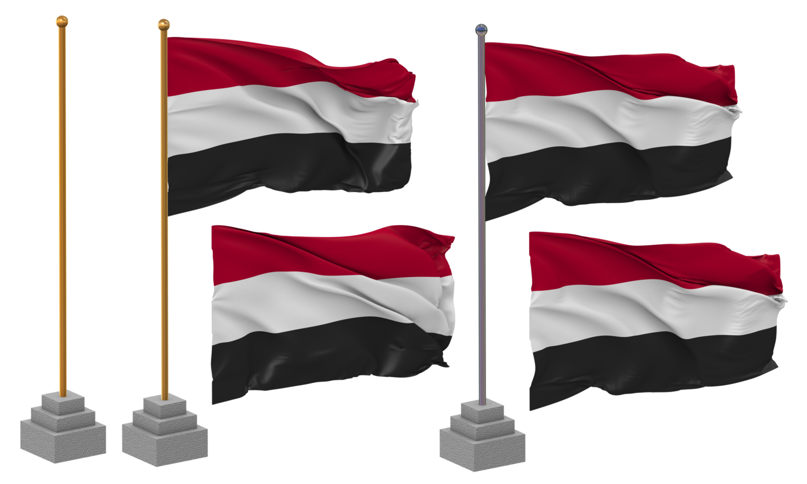 Yemen Flag Waving Different Style With Stand Pole Isolated, 3D Rendering png