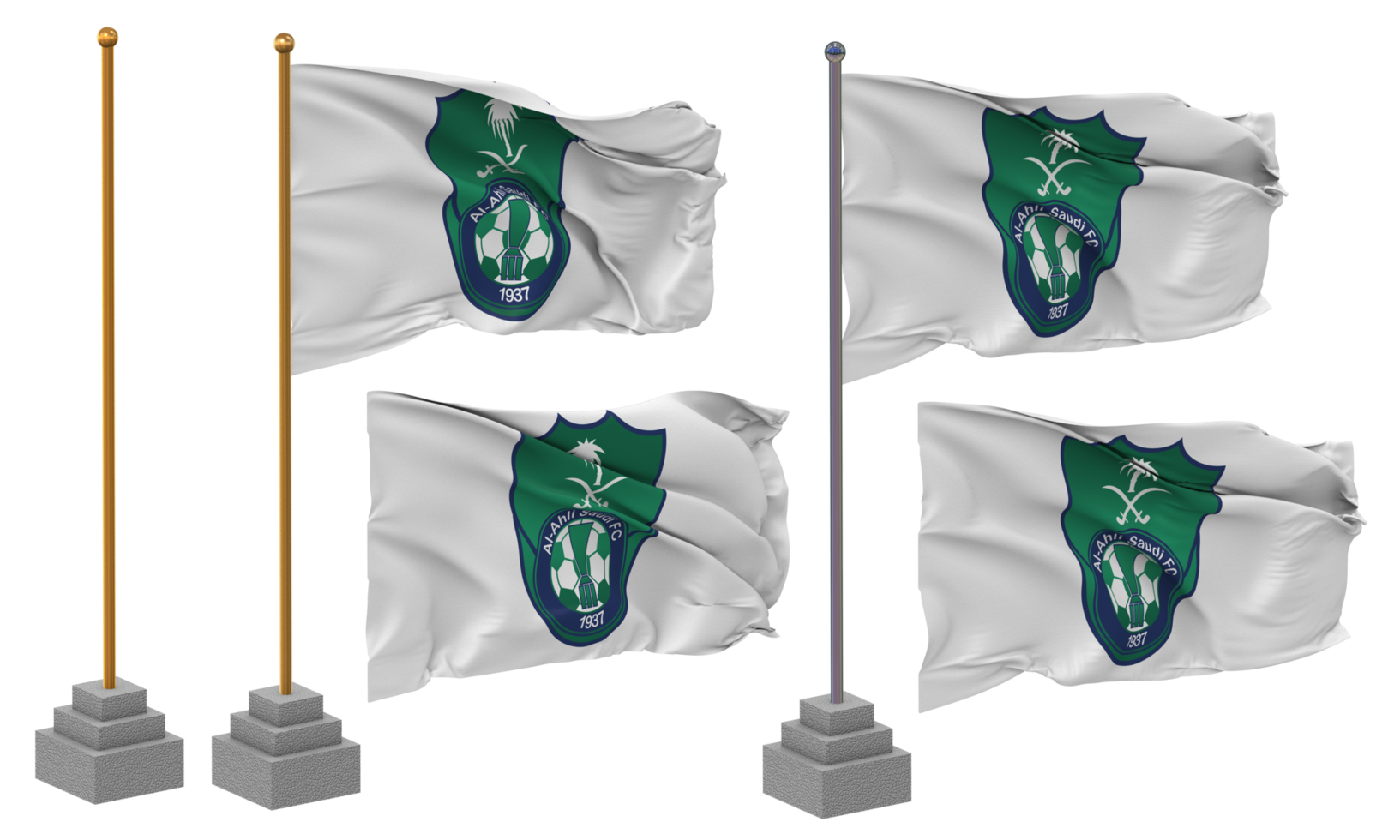 Al Ahli Saudi Football Club Flag Waving Different Style With Stand Pole Isolated, 3D Rendering png