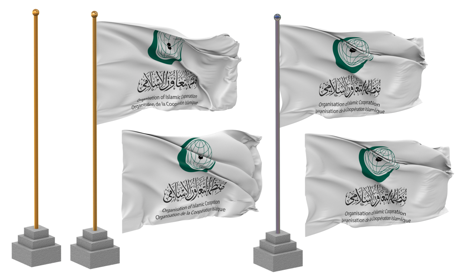 Organisation of Islamic Cooperation, OIC Flag Waving Different Style With Stand Pole Isolated, 3D Rendering png