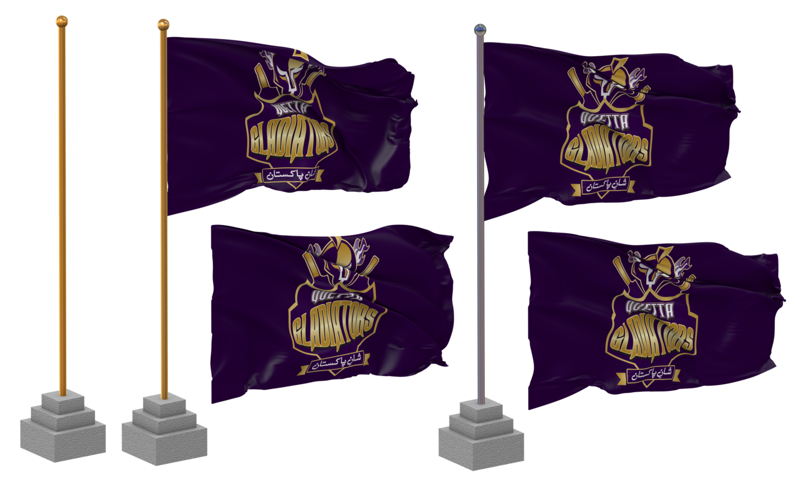 Quetta Gladiators, QG Flag Waving Different Style With Stand Pole Isolated, 3D Rendering png