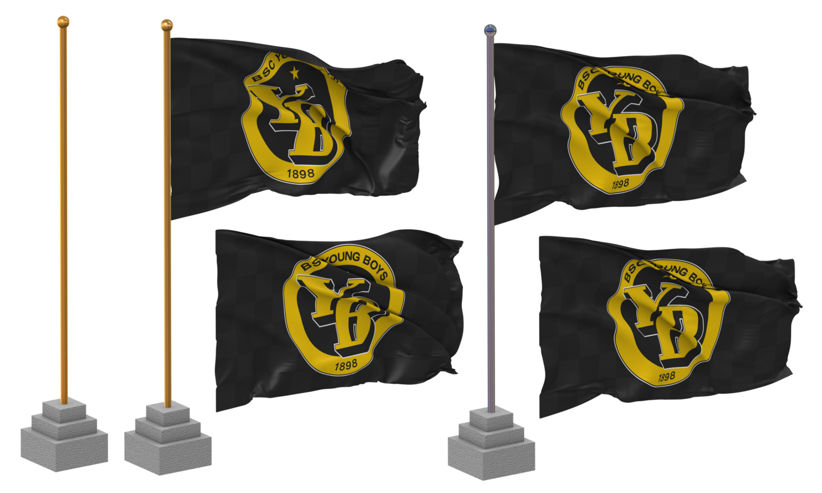 BSC Young Boys, YB Flag Waving Different Style With Stand Pole Isolated, 3D Rendering png