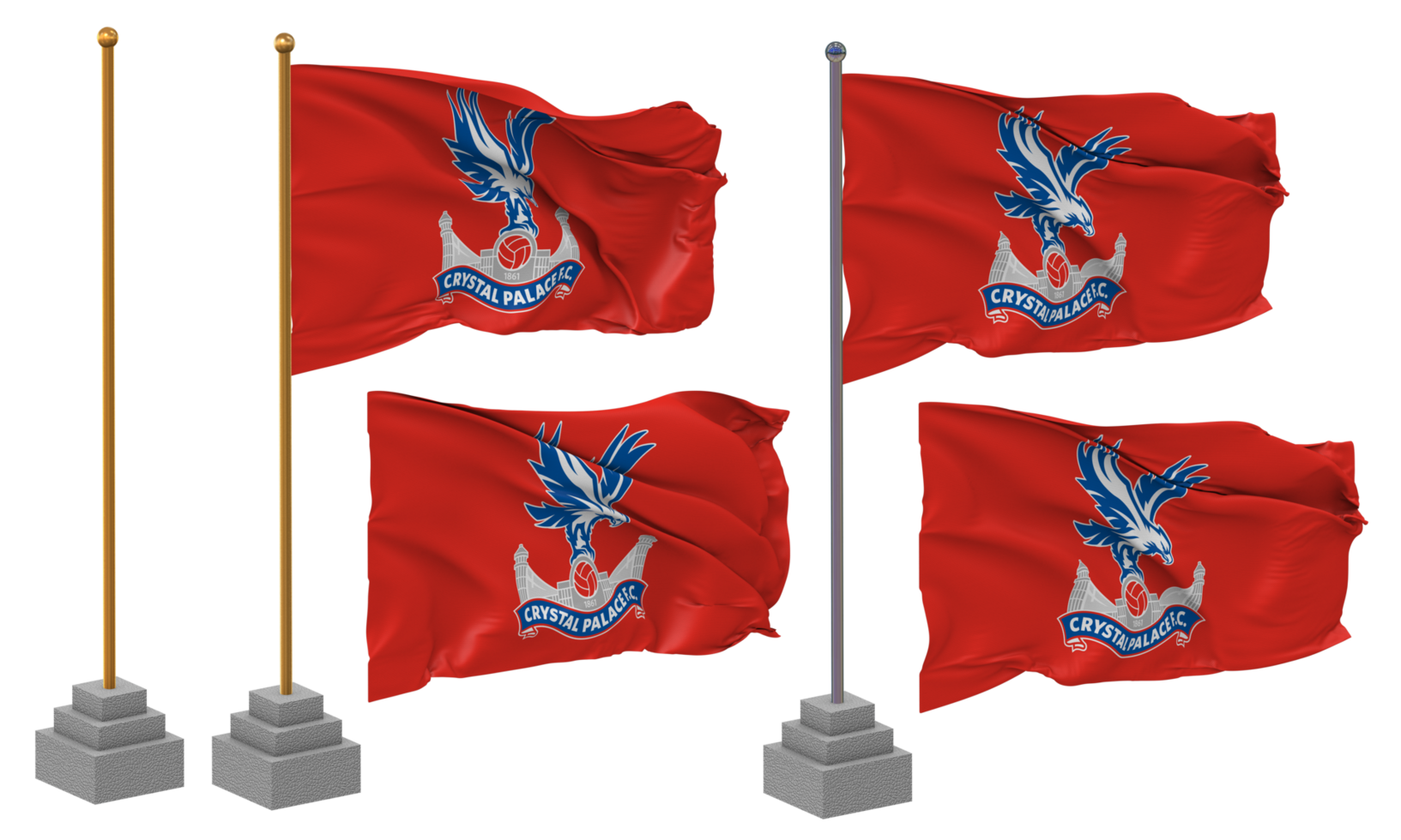 Crystal Palace Football Club Flag Waving Different Style With Stand Pole Isolated, 3D Rendering png