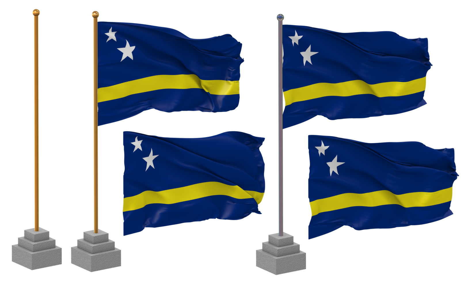 Curacao Flag Waving Different Style With Stand Pole Isolated, 3D Rendering png