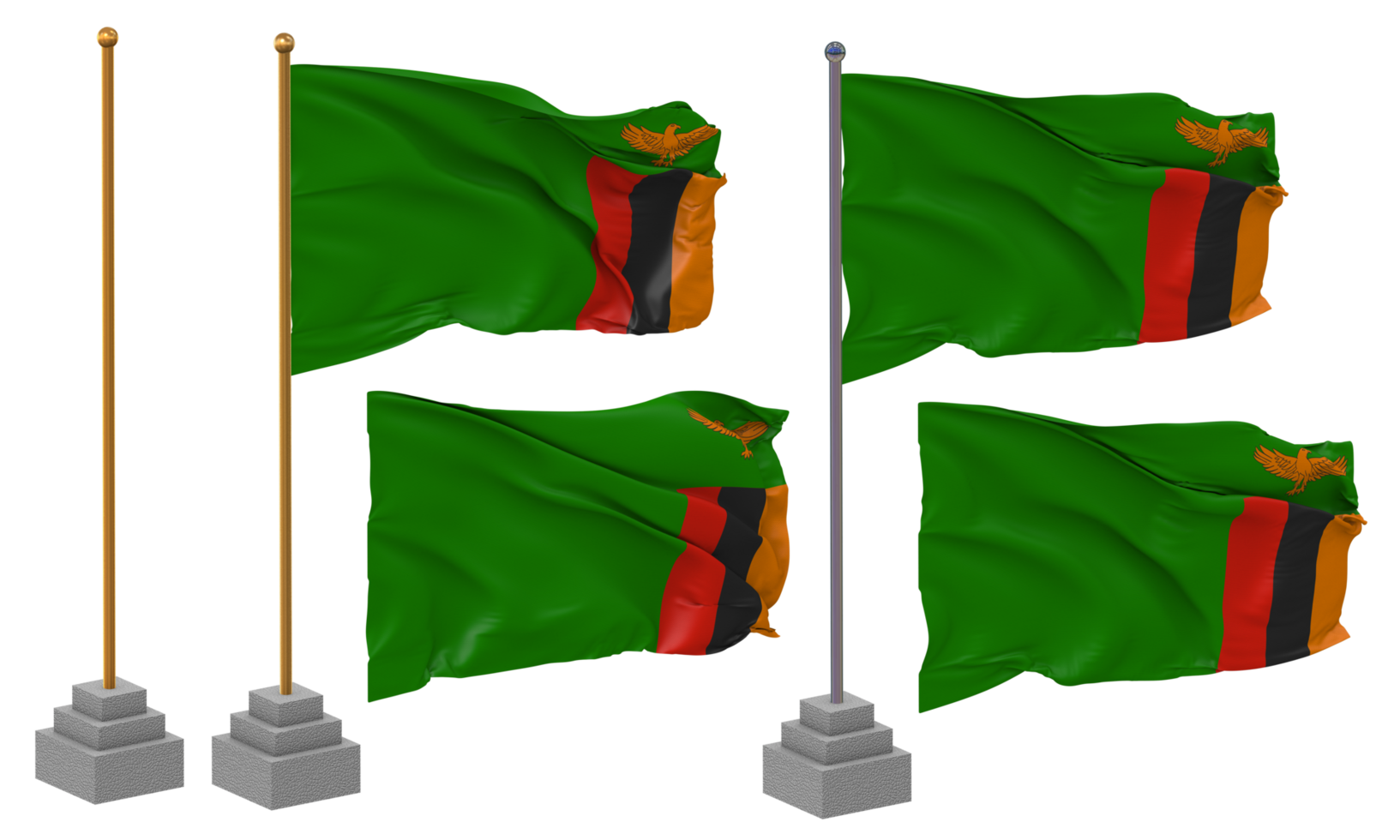 Zambia Flag Waving Different Style With Stand Pole Isolated, 3D Rendering png